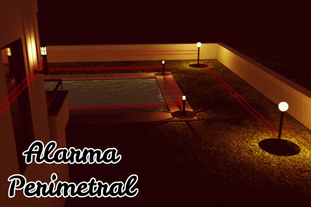 Jardín con una moderna alarma perimetral de última generación, recreación echa con ordenador
